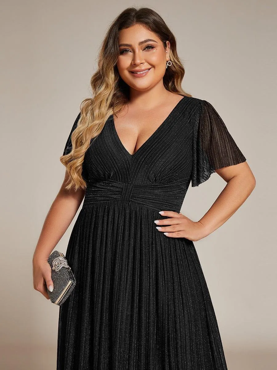 Robe de soirée formelle scintillante à manches courtes et col en V de grande taille