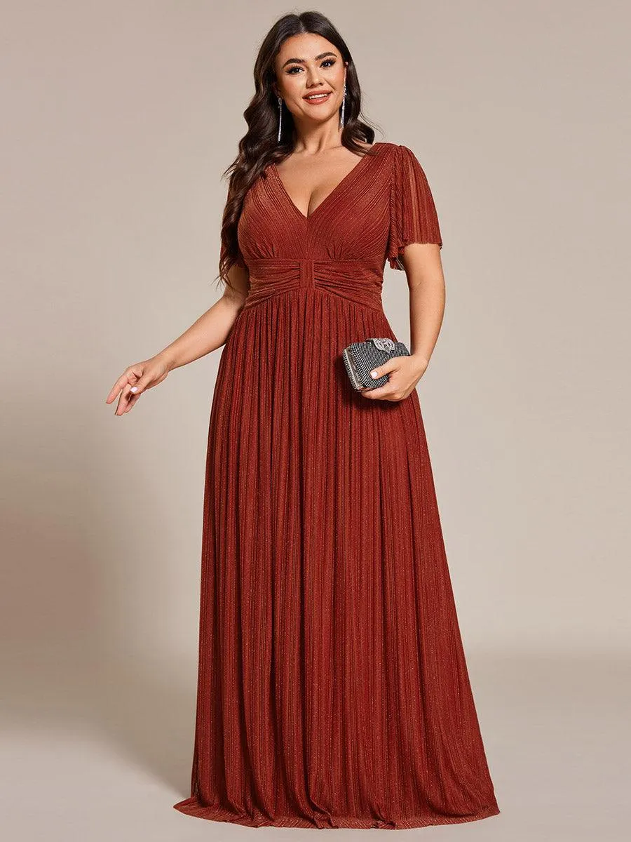 Robe de soirée formelle scintillante à manches courtes et col en V de grande taille