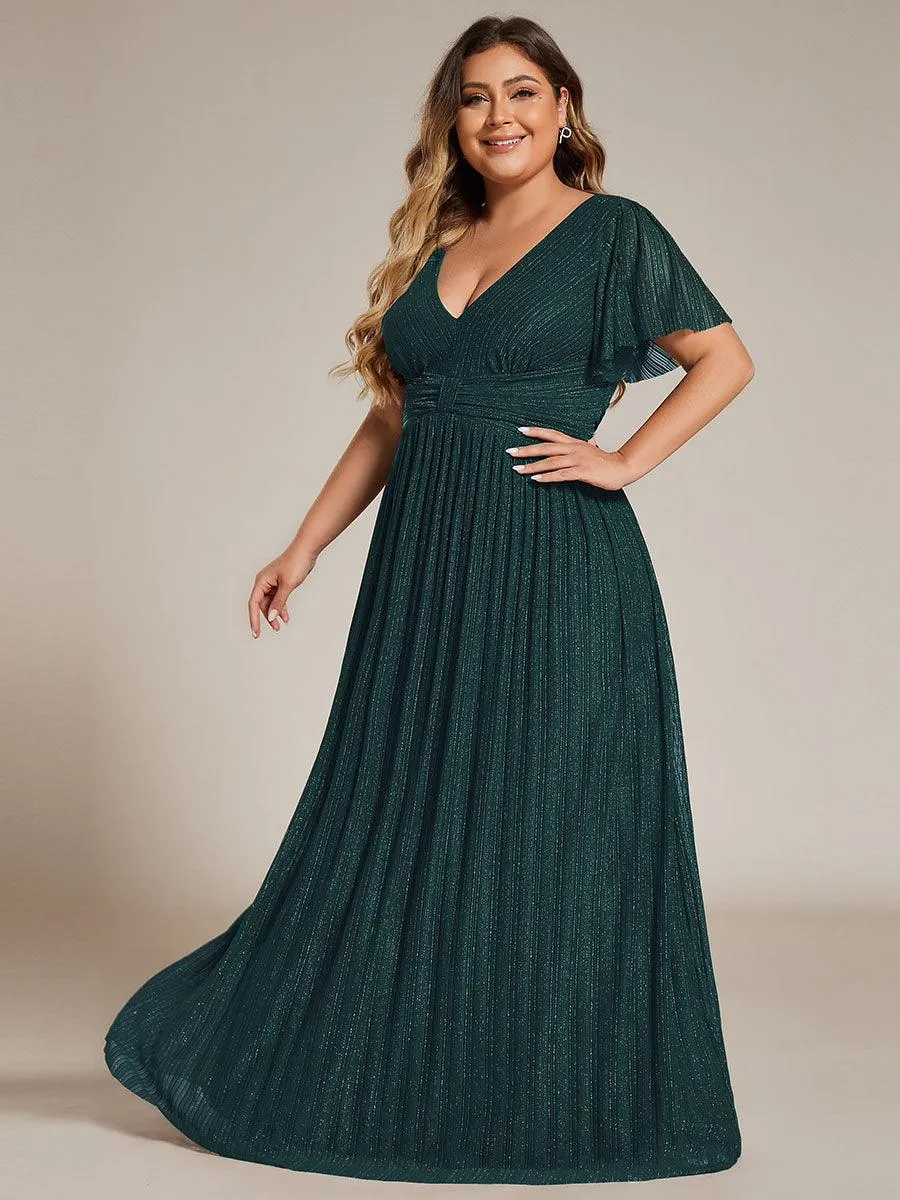 Robe de soirée formelle scintillante à manches courtes et col en V de grande taille