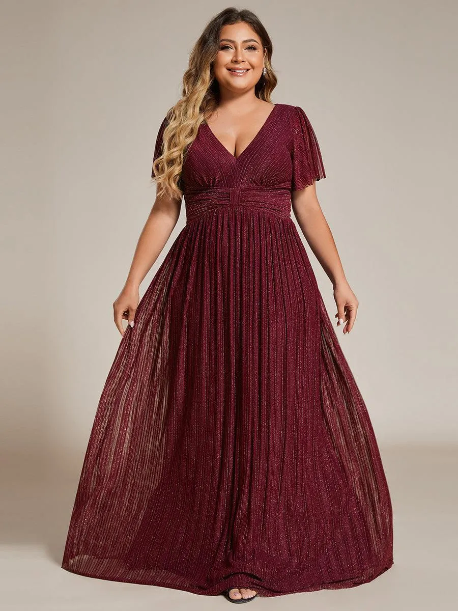 Robe de soirée formelle scintillante à manches courtes et col en V de grande taille