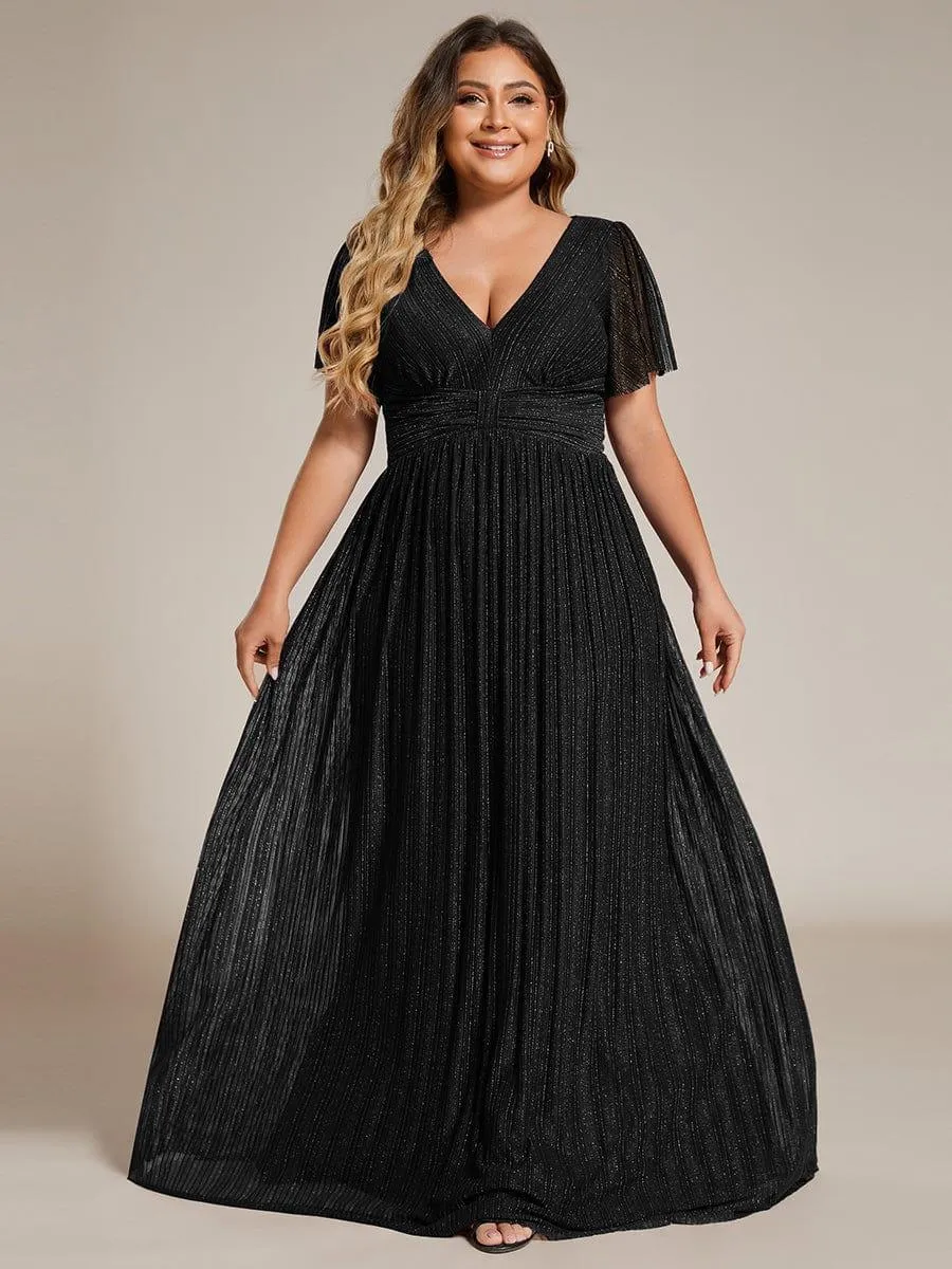 Robe de soirée formelle scintillante à manches courtes et col en V de grande taille