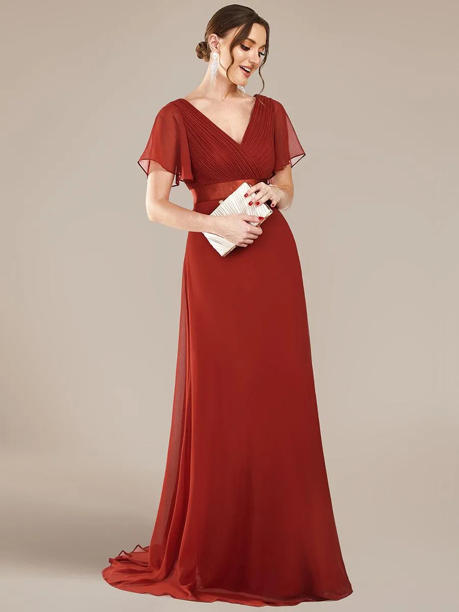 Robe de soirée élégante en mousseline à taille haute et manches courtes