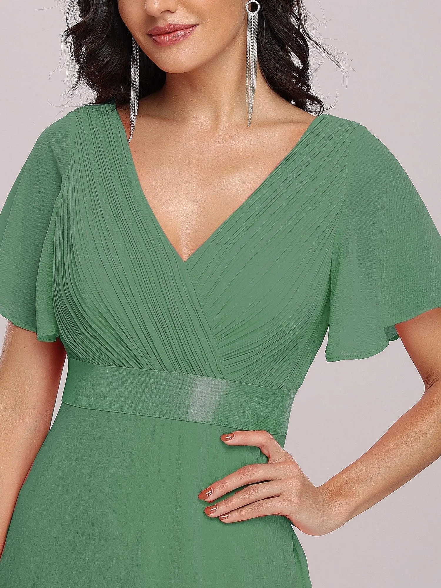Robe de soirée élégante en mousseline à taille haute et manches courtes