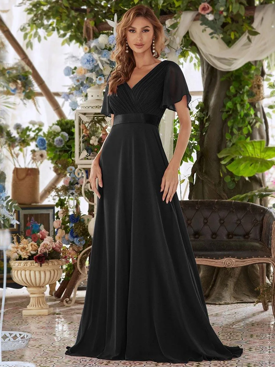 Robe de soirée élégante en mousseline à taille haute et manches courtes