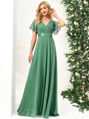 Robe de soirée élégante en mousseline à taille haute et manches courtes
