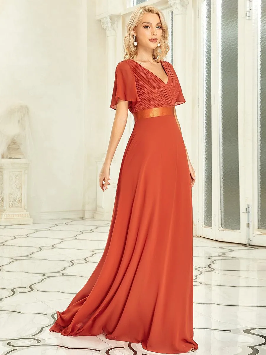 Robe de soirée élégante en mousseline à taille haute et manches courtes