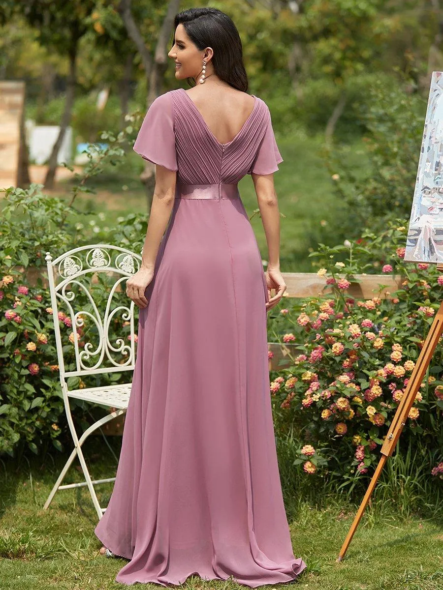 Robe de soirée élégante en mousseline à taille haute et manches courtes