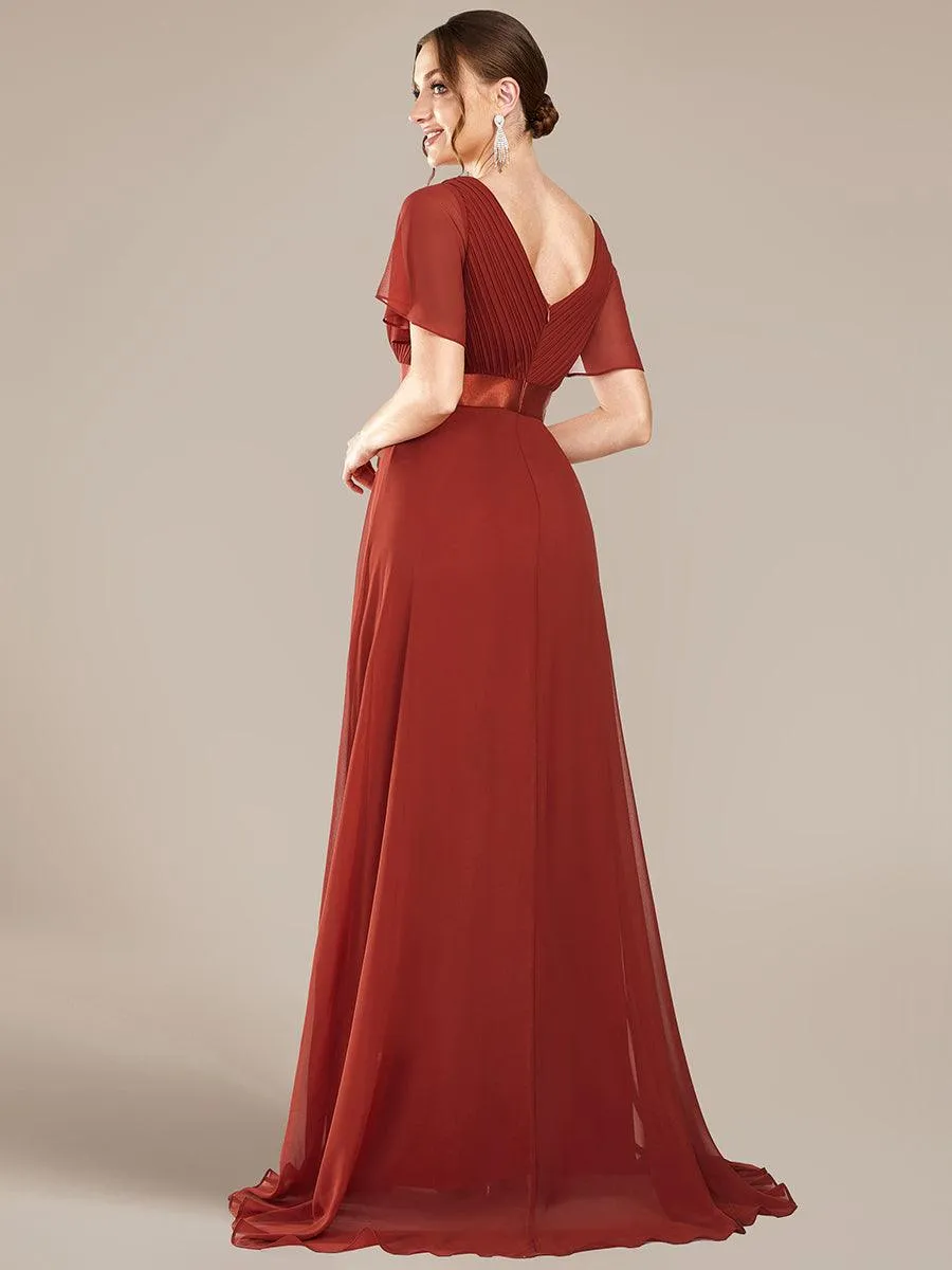 Robe de soirée élégante en mousseline à taille haute et manches courtes
