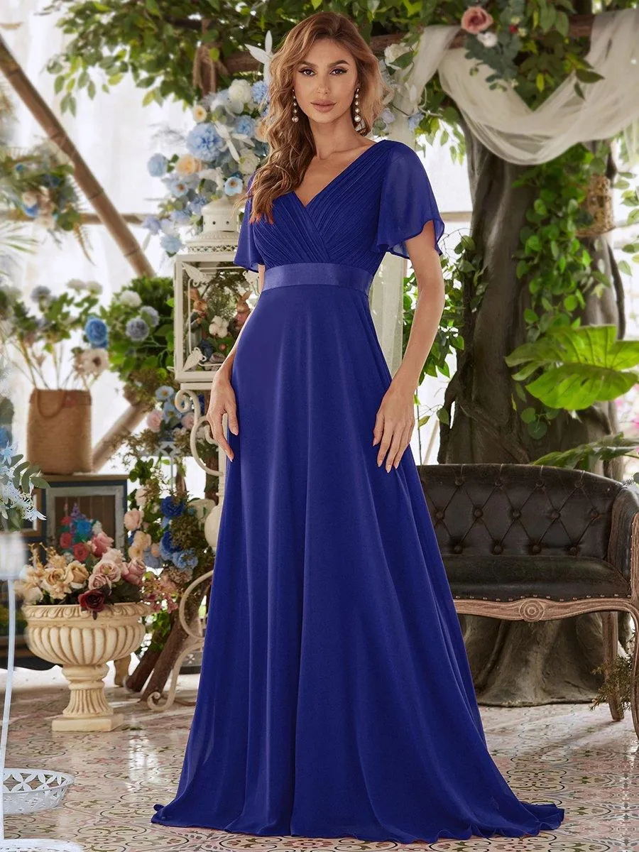 Robe de soirée élégante en mousseline à taille haute et manches courtes