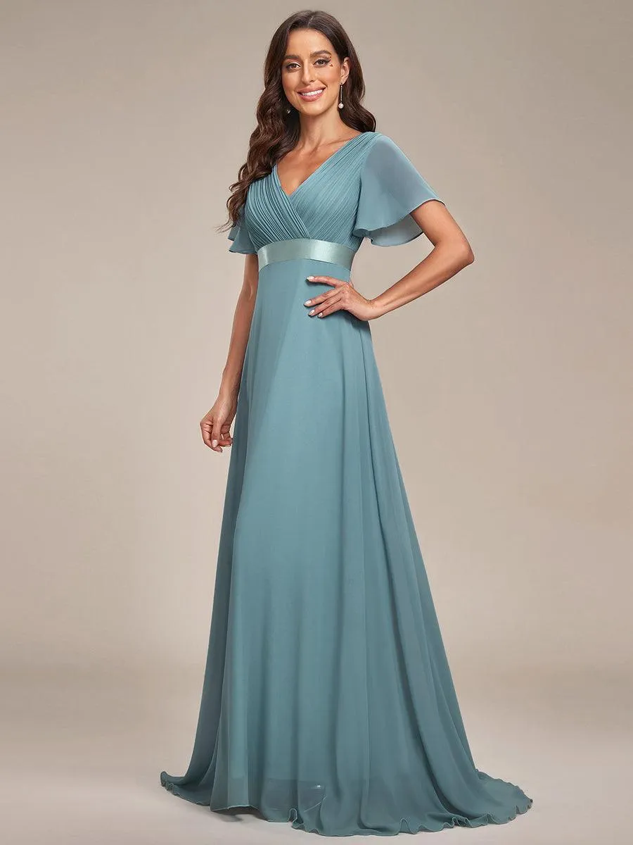 Robe de soirée élégante en mousseline à taille haute et manches courtes