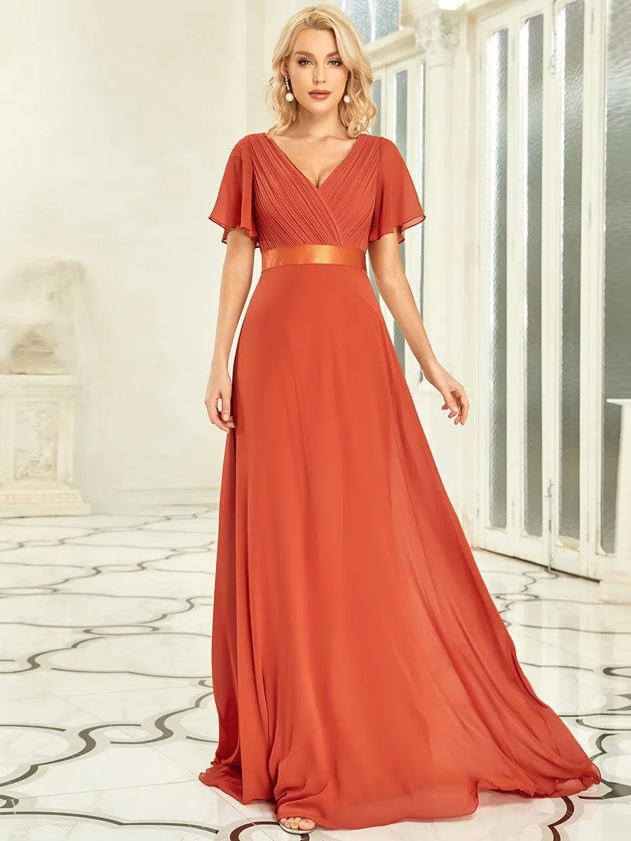 Robe de soirée élégante en mousseline à taille haute et manches courtes