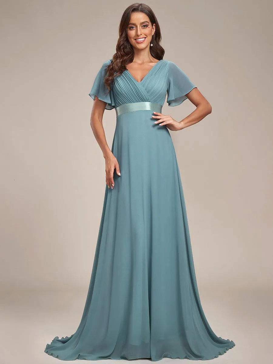 Robe de soirée élégante en mousseline à taille haute et manches courtes