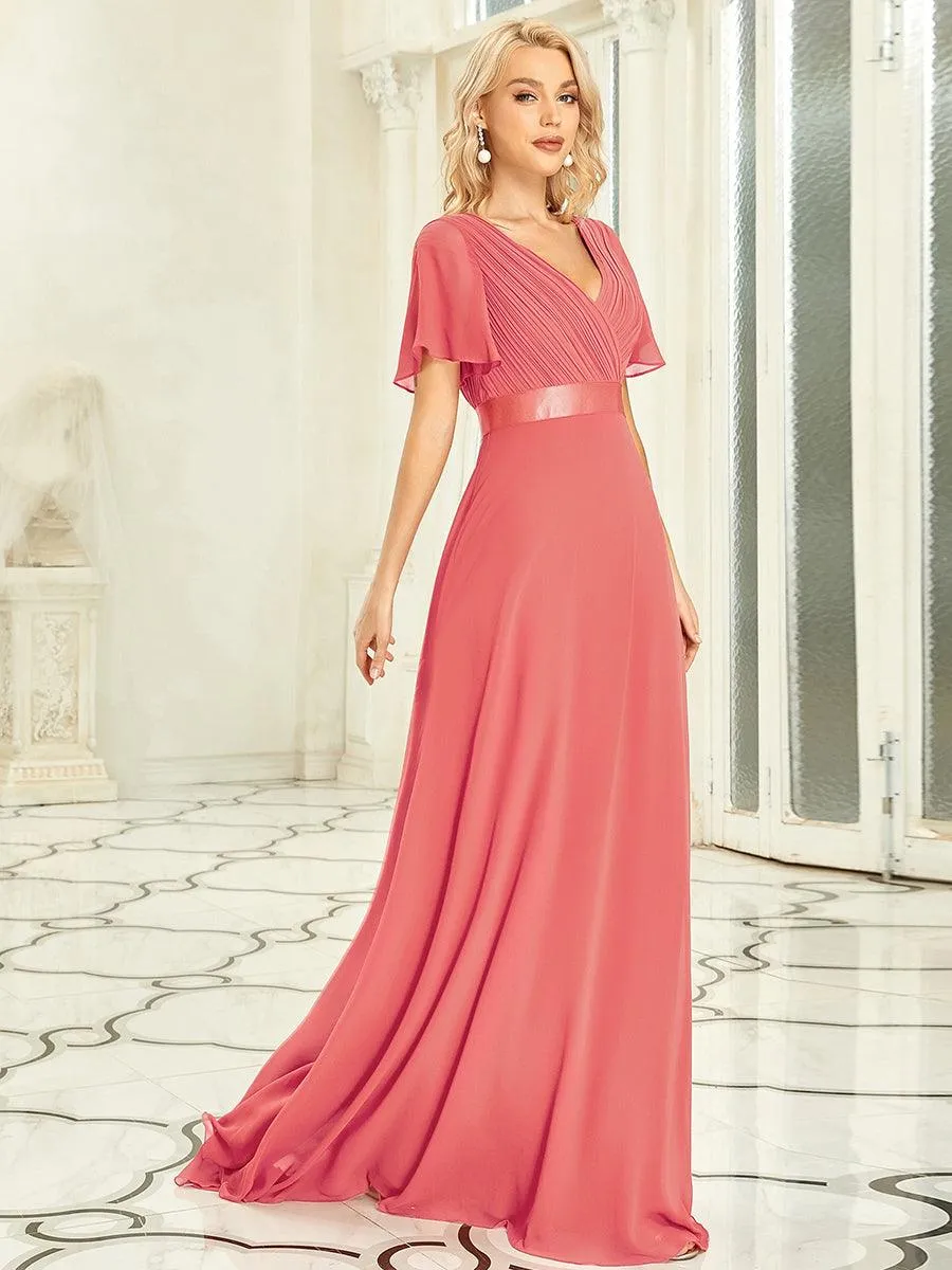 Robe de soirée élégante en mousseline à taille haute et manches courtes