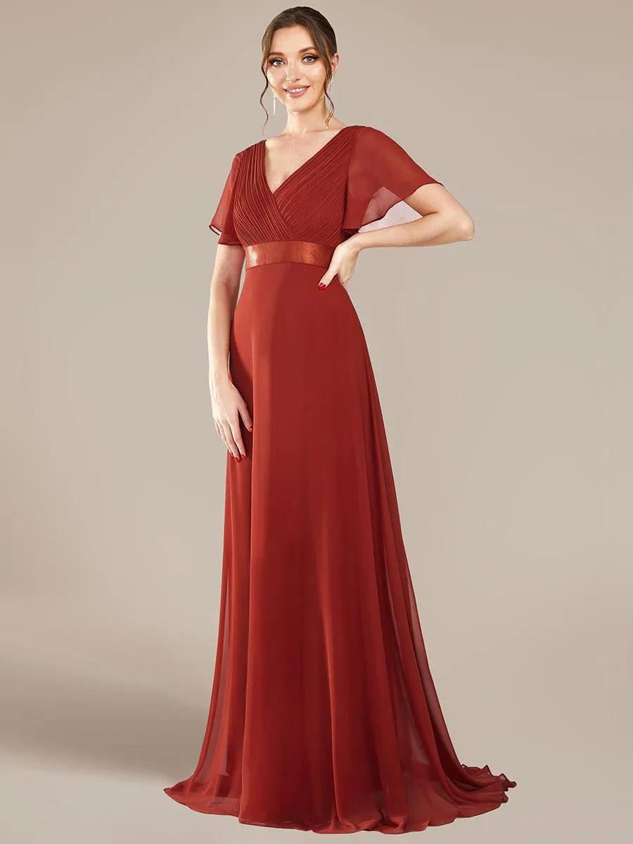 Robe de soirée élégante en mousseline à taille haute et manches courtes