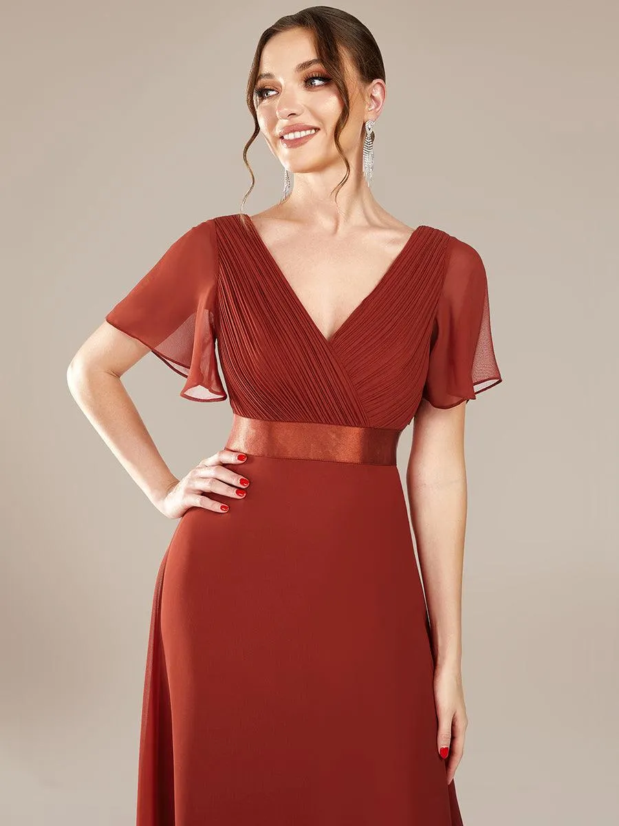 Robe de soirée élégante en mousseline à taille haute et manches courtes