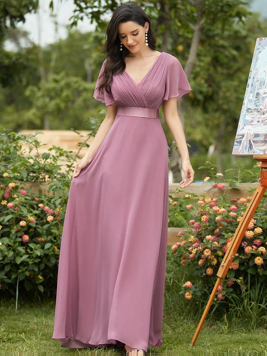 Robe de soirée élégante en mousseline à taille haute et manches courtes