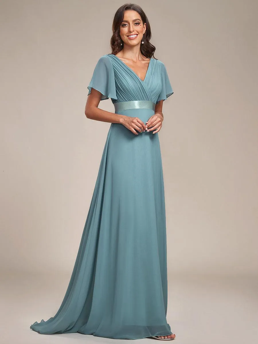 Robe de soirée élégante en mousseline à taille haute et manches courtes