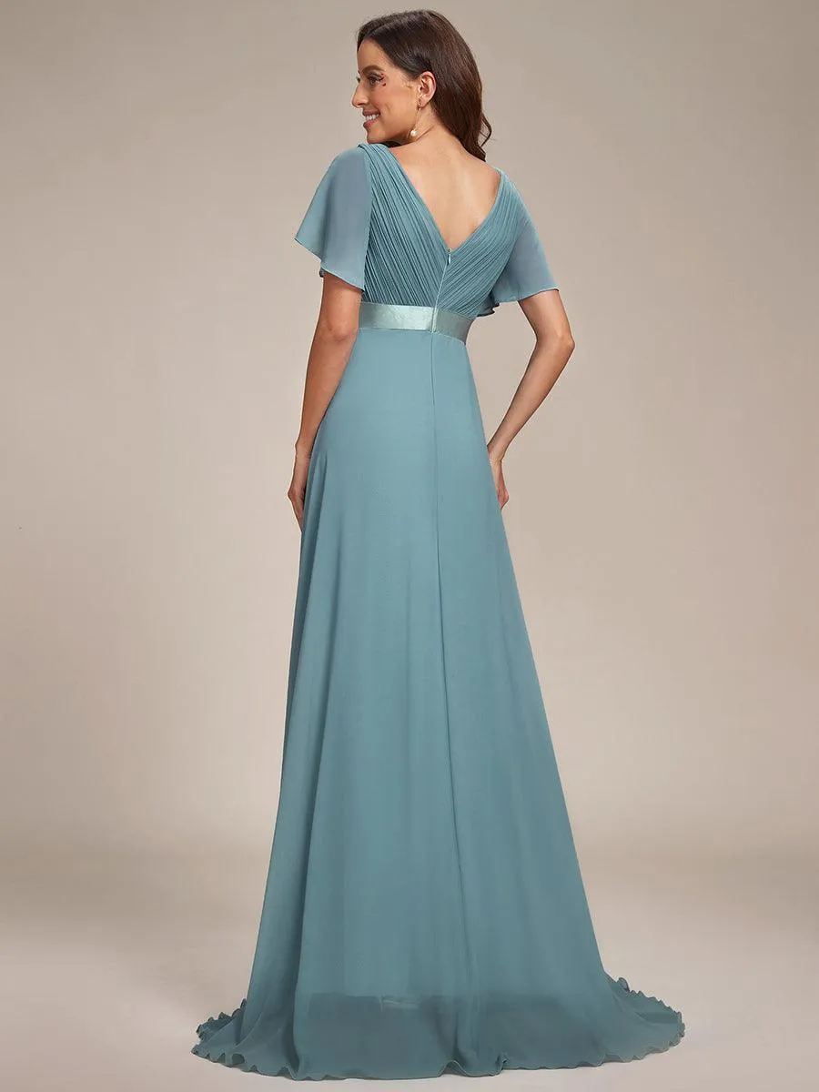 Robe de soirée élégante en mousseline à taille haute et manches courtes