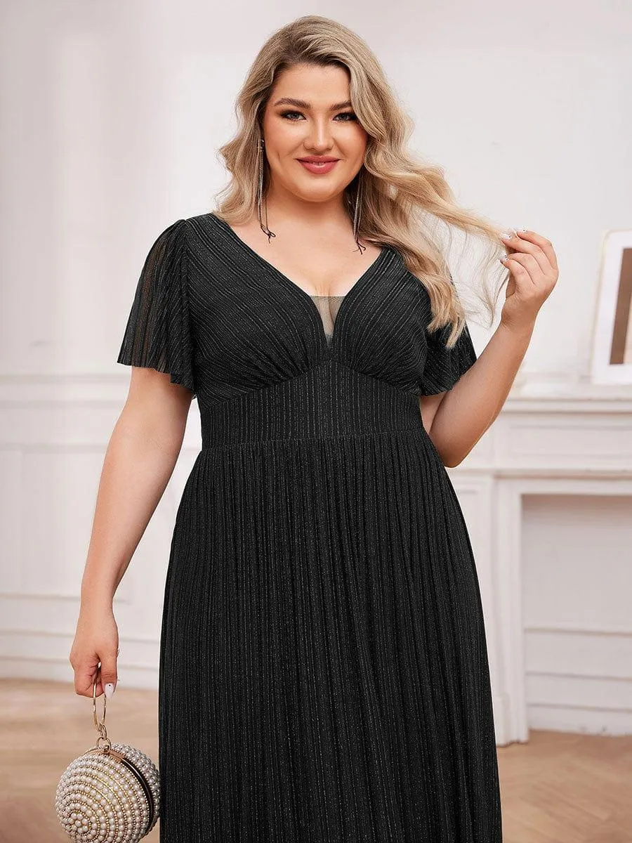 Robe de soirée transparente scintillante col en V taille empire manches courtes