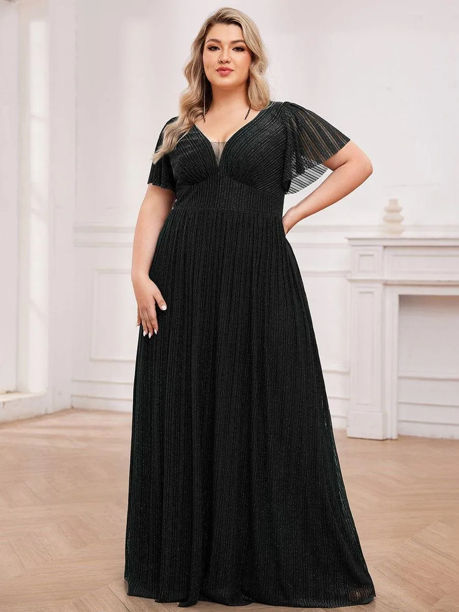 Robe de soirée transparente scintillante col en V taille empire manches courtes