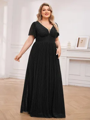 Robe de soirée transparente scintillante col en V taille empire manches courtes
