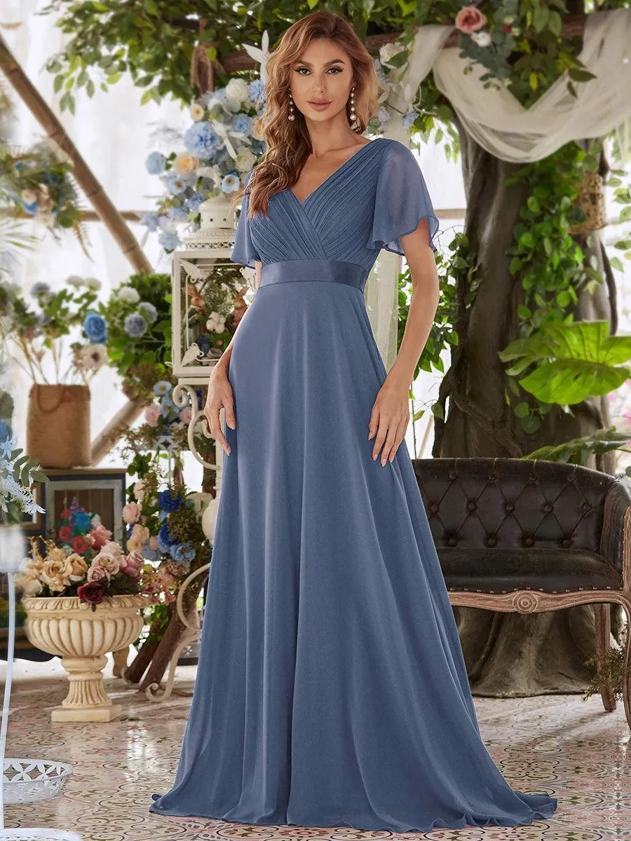 Robe Demoiselle d'Honneur Longue en Mousseline à Col en V