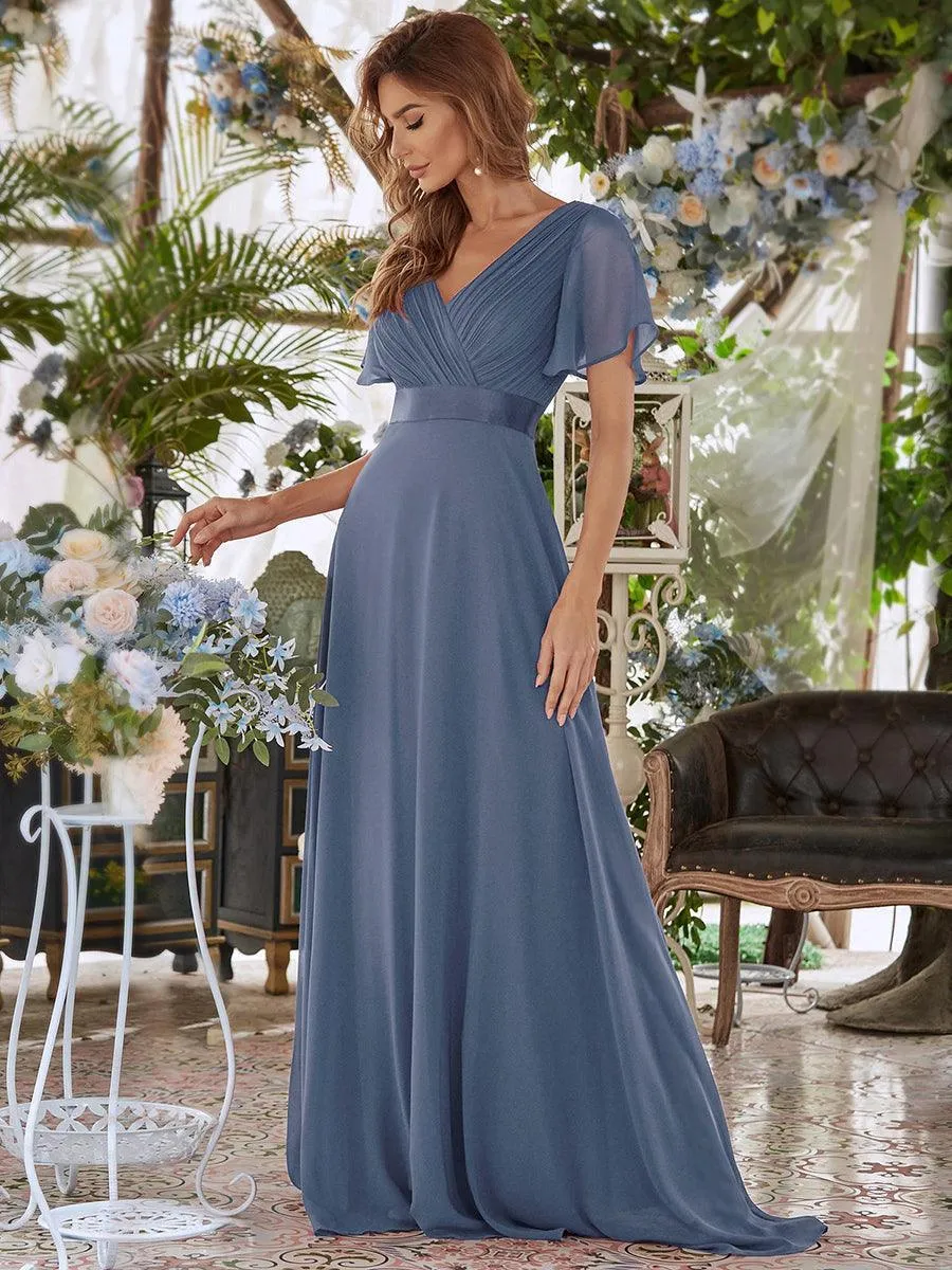 Robe Demoiselle d'Honneur Longue en Mousseline à Col en V