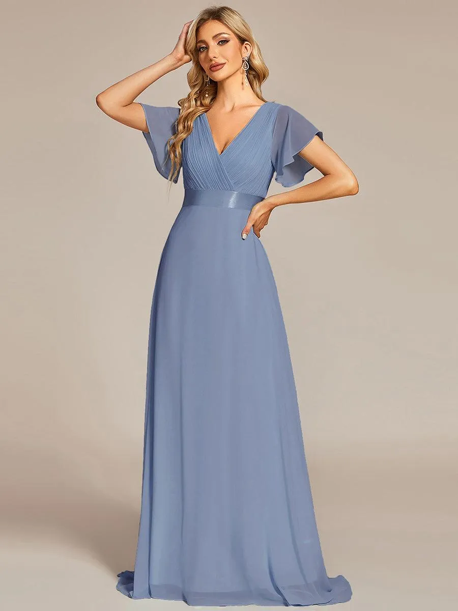 Robe Demoiselle d'Honneur Longue en Mousseline à Col en V