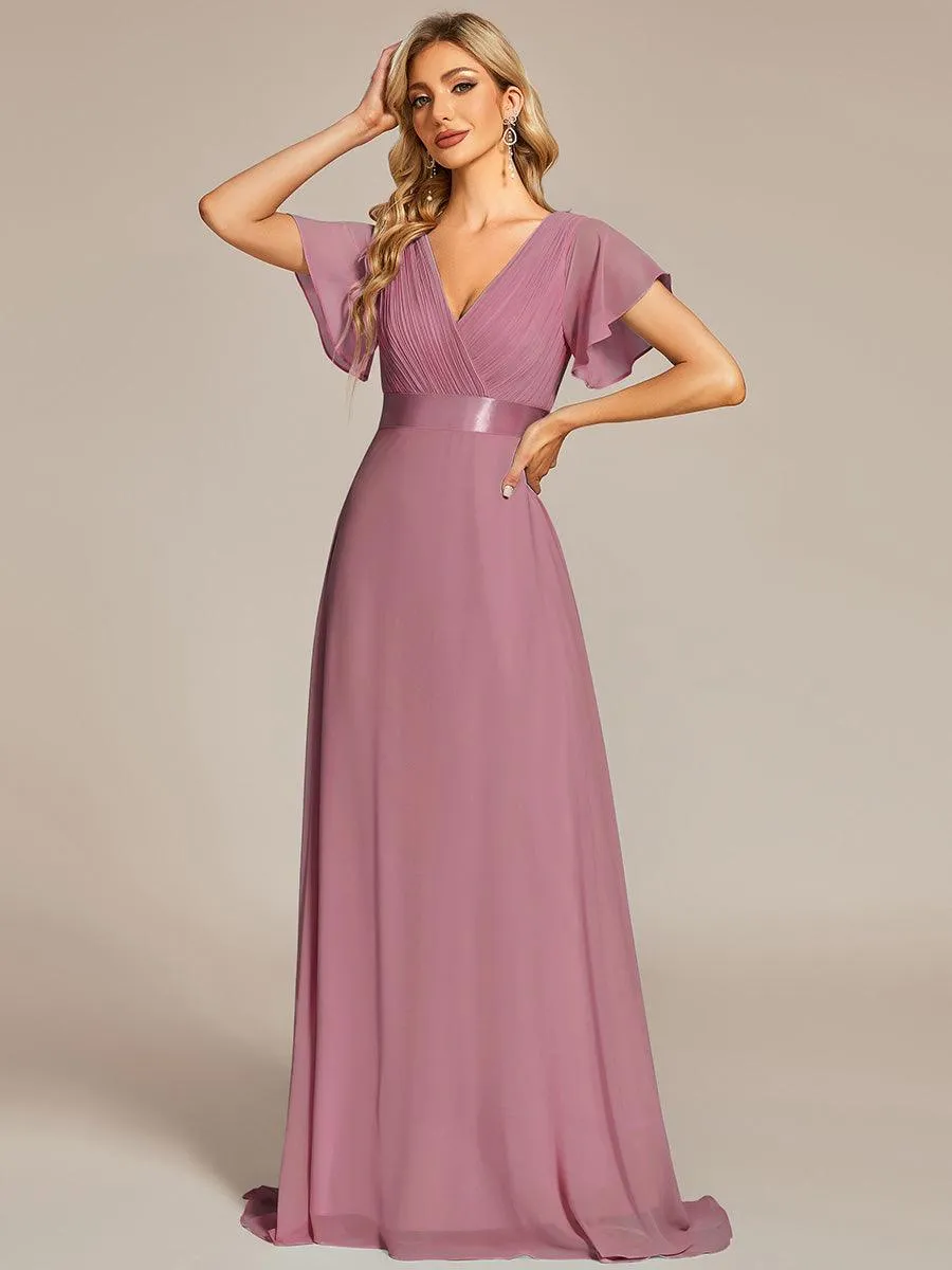 Robe Demoiselle d'Honneur Longue en Mousseline à Col en V