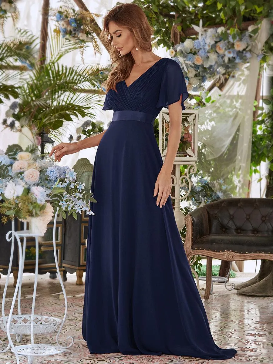 Robe Demoiselle d'Honneur Longue en Mousseline à Col en V