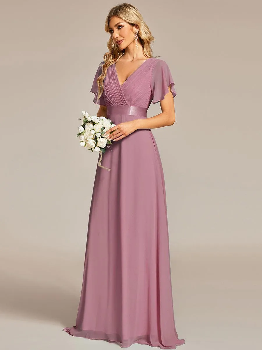 Robe Demoiselle d'Honneur Longue en Mousseline à Col en V