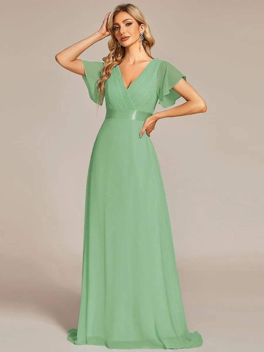 Robe Demoiselle d'Honneur Longue en Mousseline à Col en V