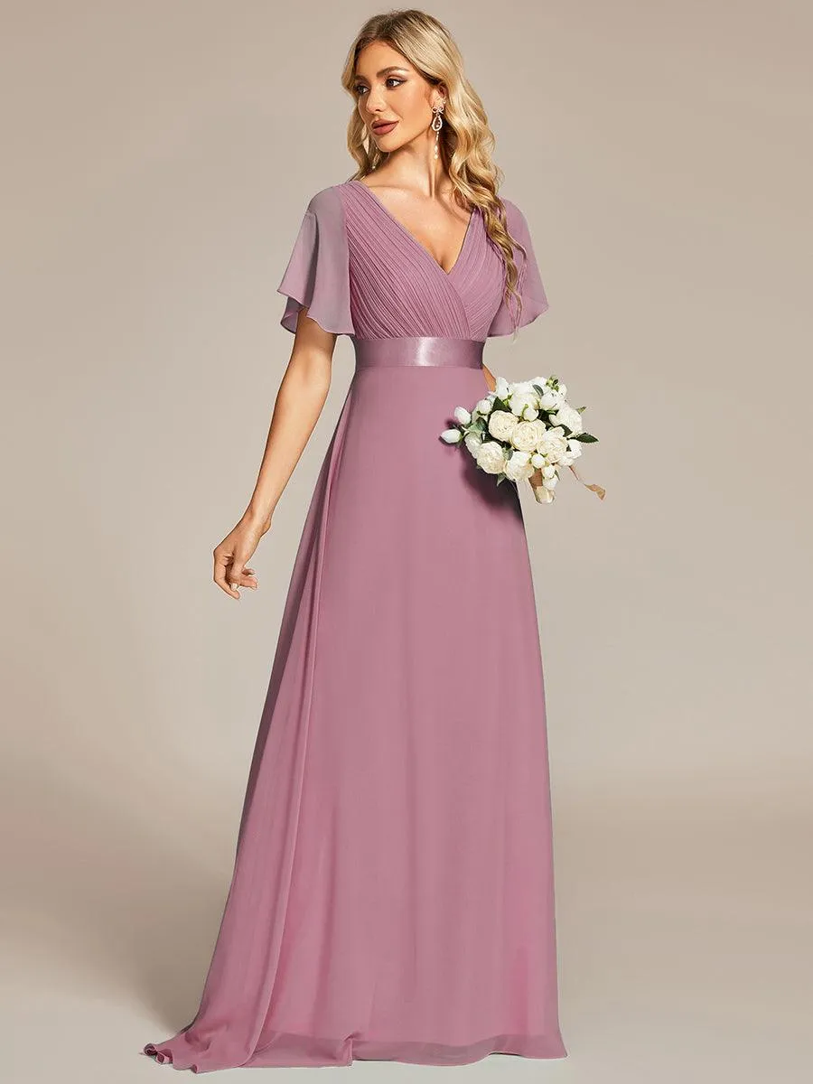 Robe Demoiselle d'Honneur Longue en Mousseline à Col en V