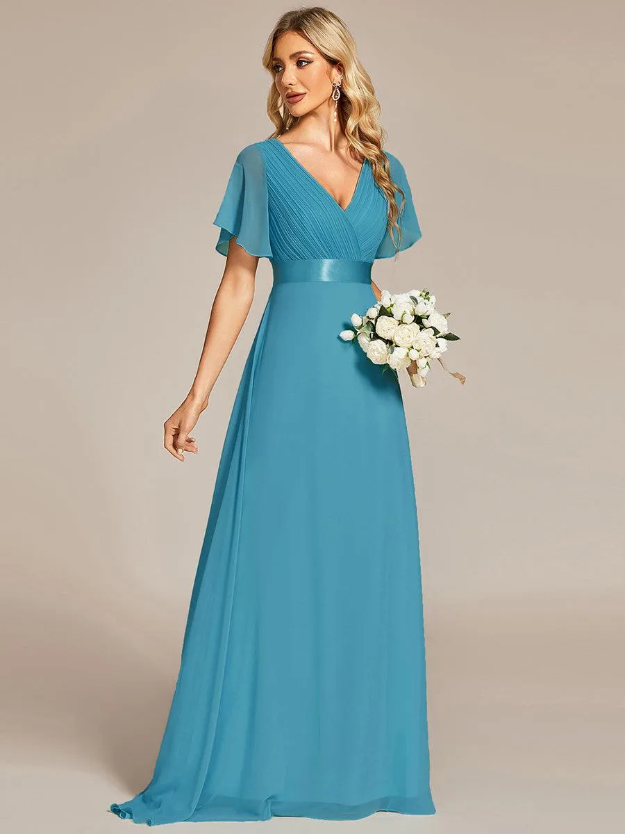 Robe Demoiselle d'Honneur Longue en Mousseline à Col en V