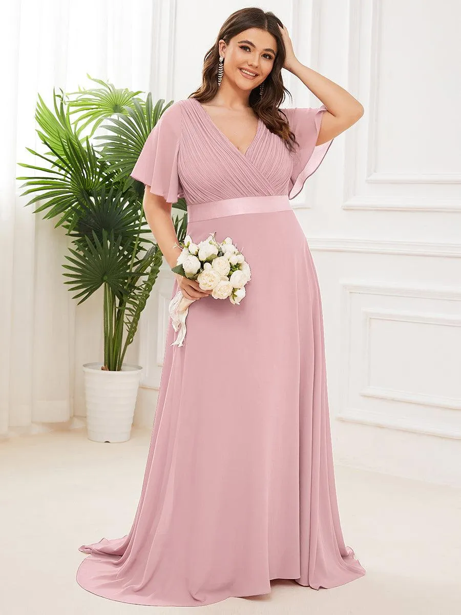 Robe Demoiselle d'Honneur Longue en Mousseline à Col en V