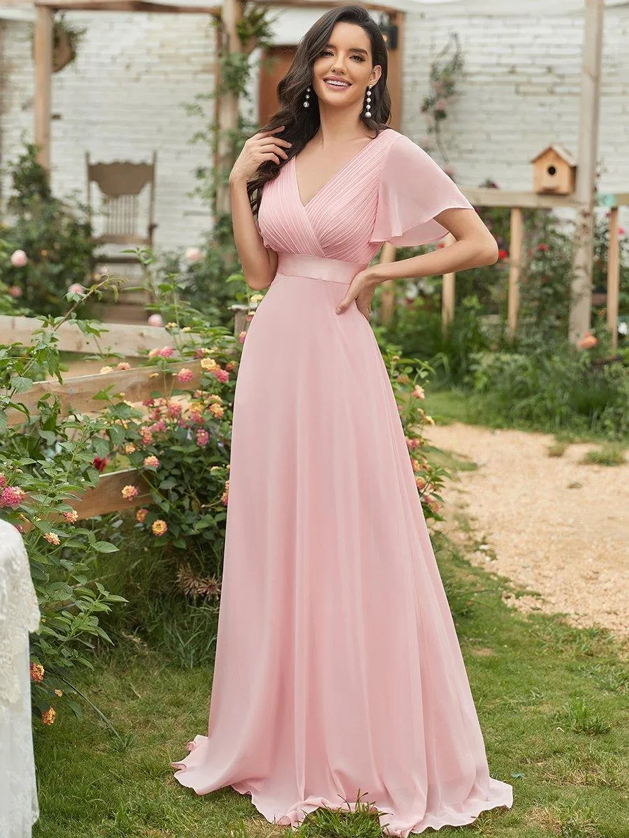Robe Demoiselle d'Honneur Longue en Mousseline à Col en V