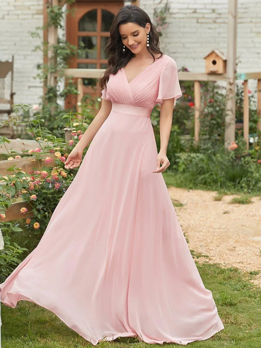Robe Demoiselle d'Honneur Longue en Mousseline à Col en V