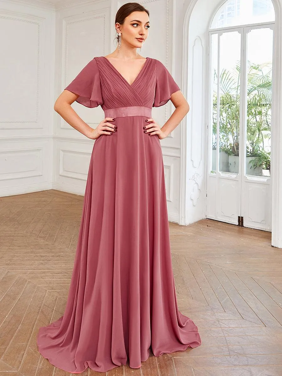 Robe Demoiselle d'Honneur Longue en Mousseline à Col en V