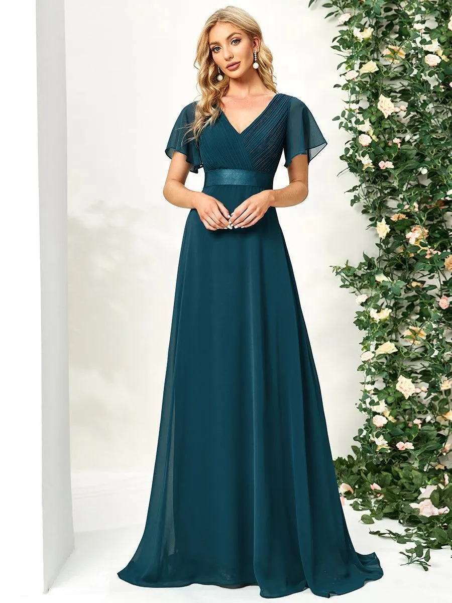 Robe Demoiselle d'Honneur Longue en Mousseline à Col en V