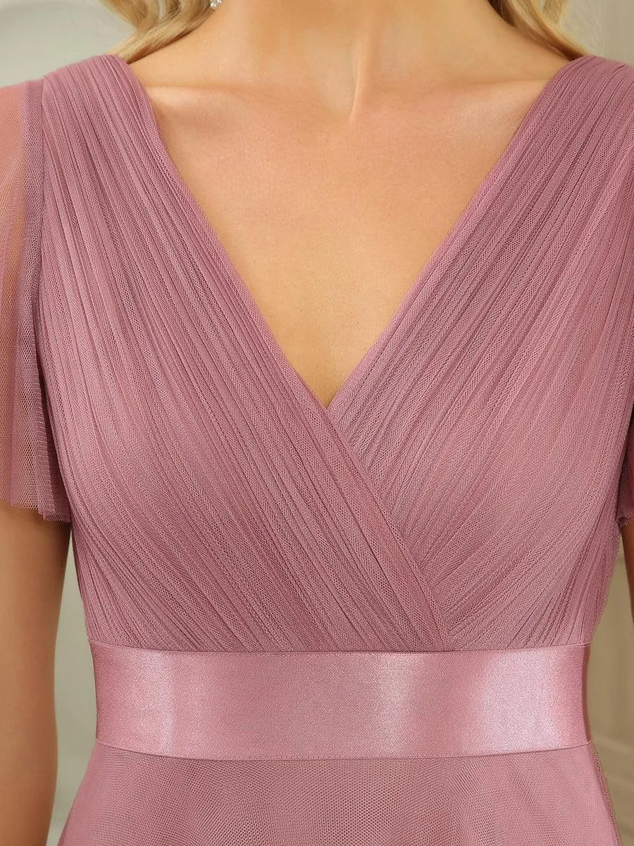 Robe demoiselle d'honneur à manches courtes et à double col V pour femmes