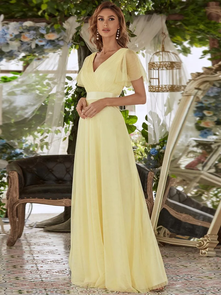 Robe demoiselle d'honneur à manches courtes et à double col V pour femmes