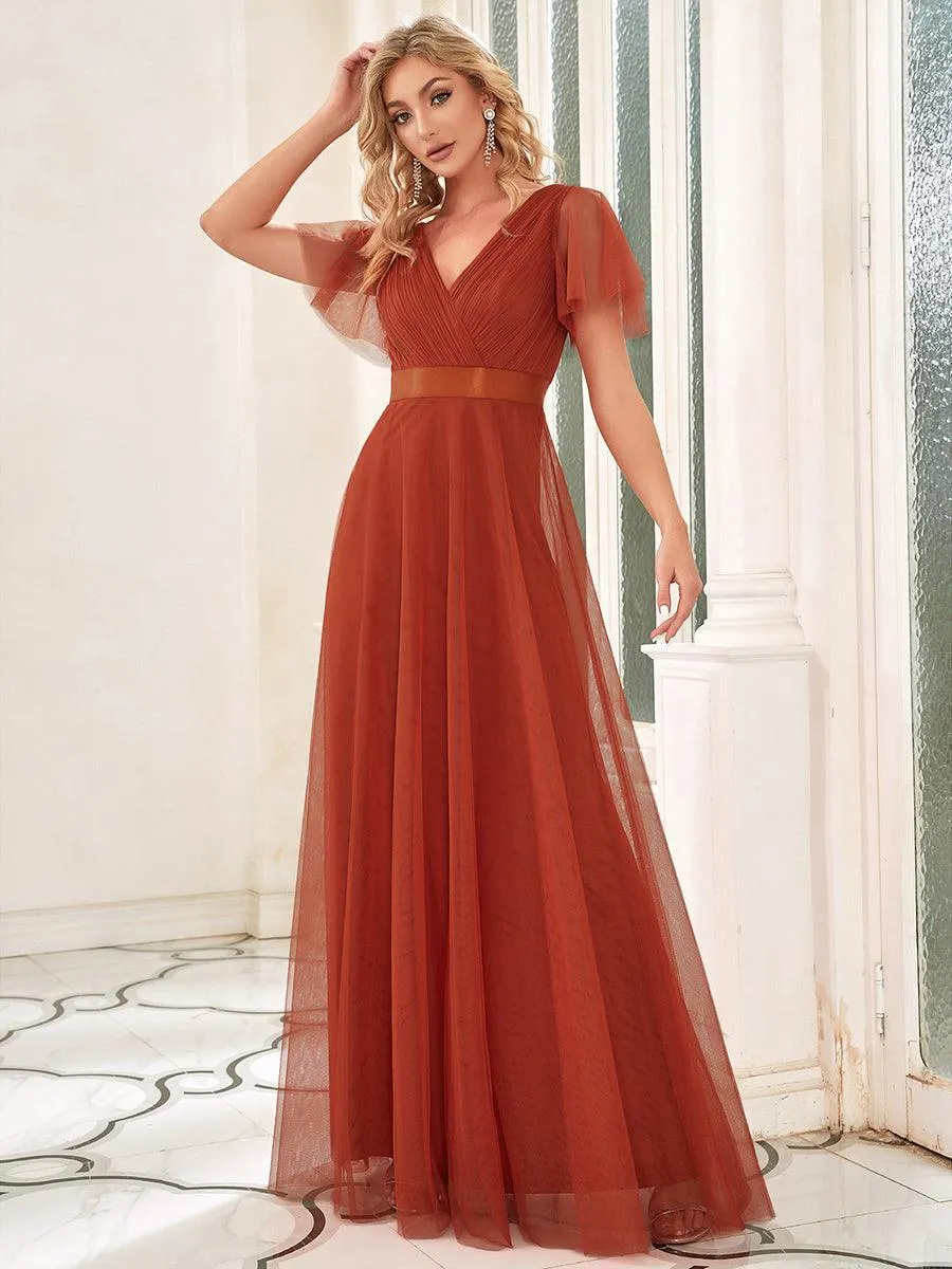 Robe demoiselle d'honneur à manches courtes et à double col V pour femmes
