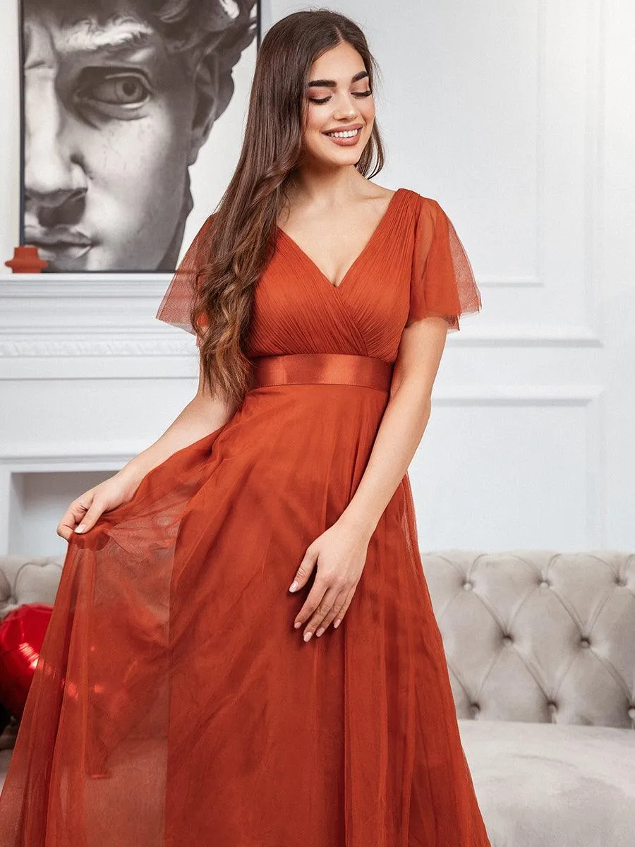 Robe demoiselle d'honneur à manches courtes et à double col V pour femmes