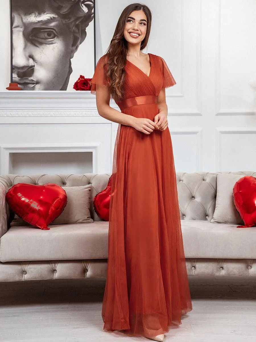 Robe demoiselle d'honneur à manches courtes et à double col V pour femmes