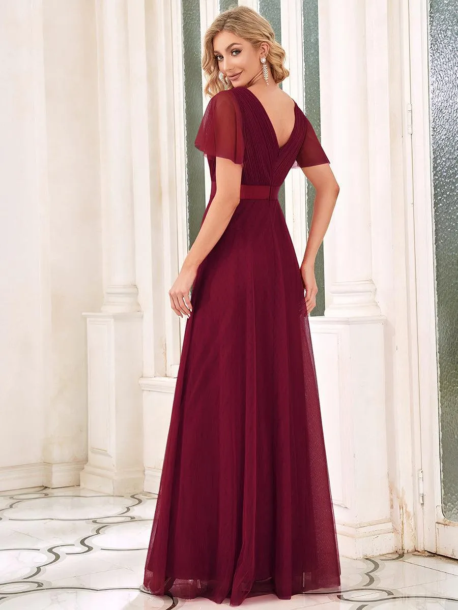 Robe demoiselle d'honneur à manches courtes et à double col V pour femmes