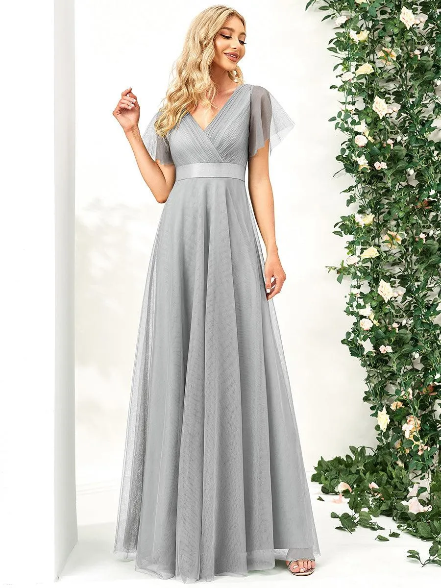 Robe demoiselle d'honneur à manches courtes et à double col V pour femmes
