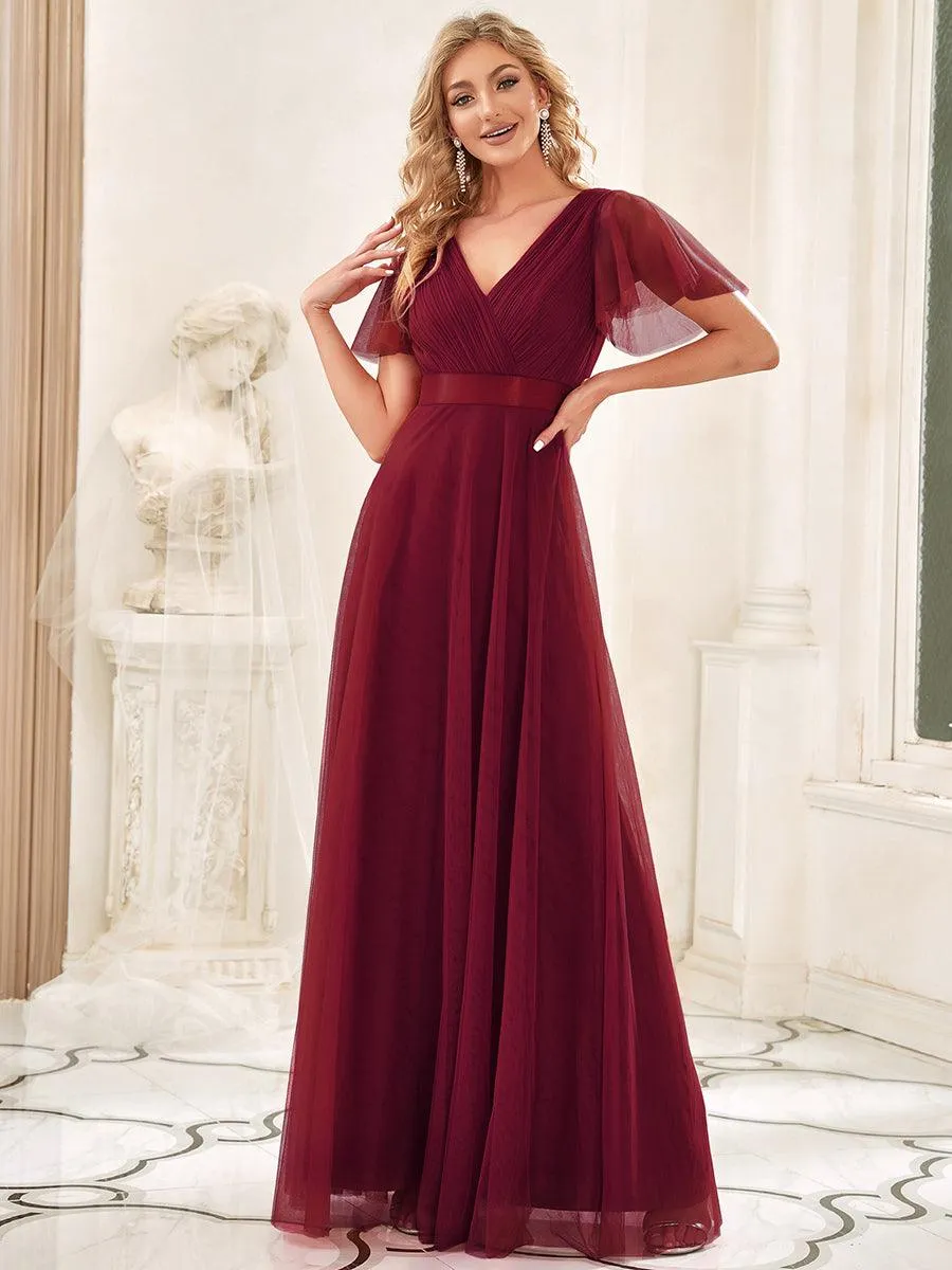 Robe demoiselle d'honneur à manches courtes et à double col V pour femmes