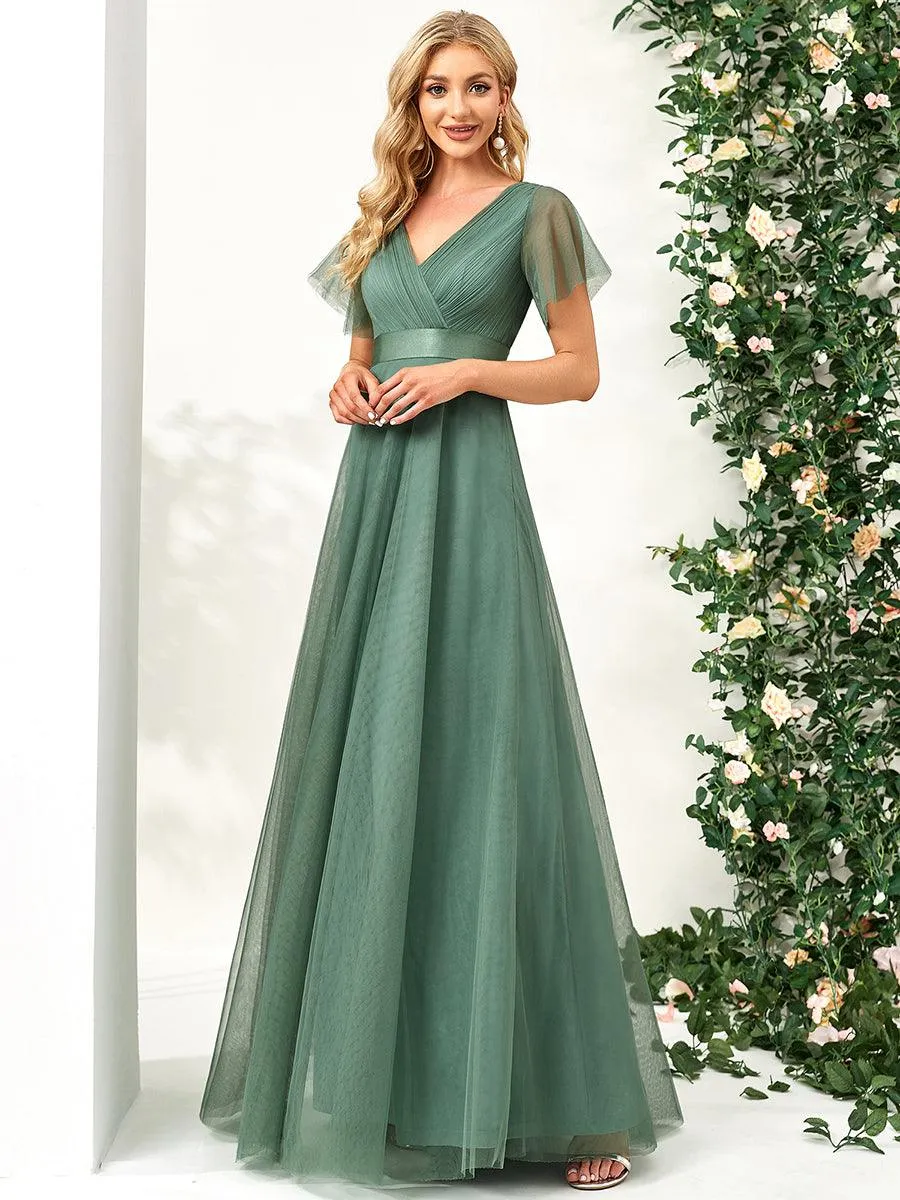 Robe demoiselle d'honneur à manches courtes et à double col V pour femmes