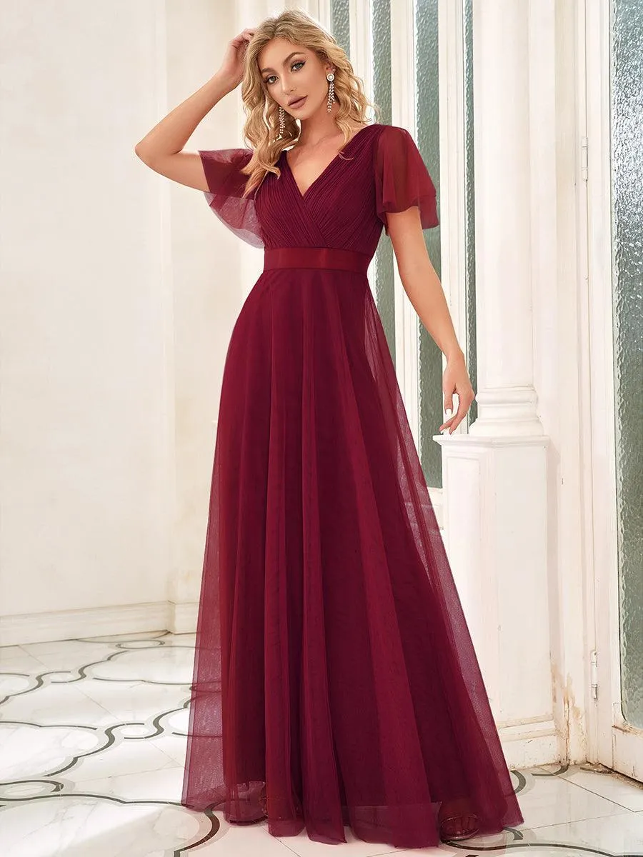 Robe demoiselle d'honneur à manches courtes et à double col V pour femmes