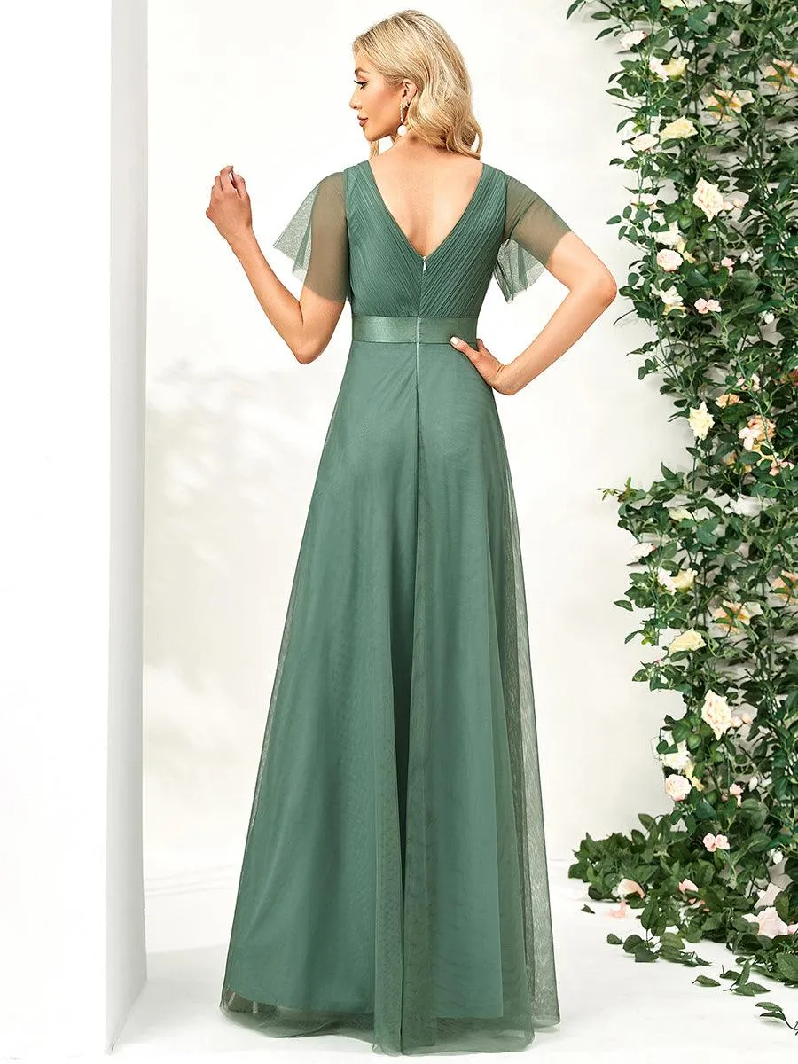Robe demoiselle d'honneur à manches courtes et à double col V pour femmes
